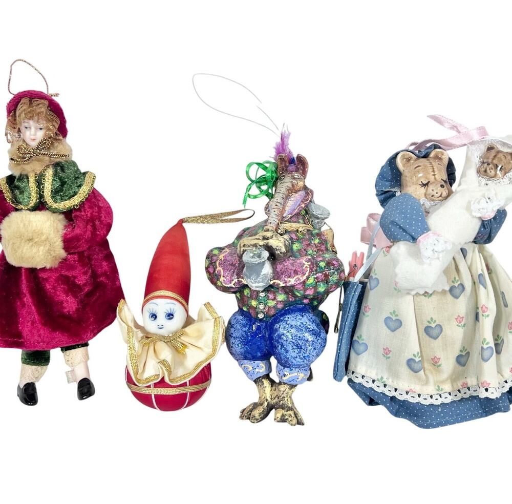 Vintage Christmas Ornaments Lot of 4 Elephant Pixie Elf Victorian Lady Teddybear